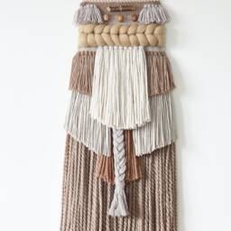 Boho Woven Wall Hanging, Textured Wool Tapestry, Rust Beige Cream Fiber Art - thumbnail 2
