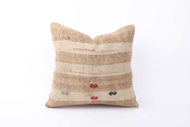 Vintage Turkish Kilim Pillow Cover Handwoven Wool Rug Cushion - 16x16 - image 1