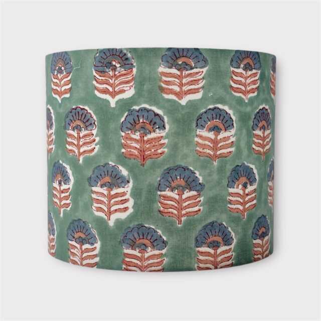 Handmade Lampshade With Indian Block Print Fabric - Floral Pattern On Sage Green Boho Home Decor Soft Lighting Accent - image 1