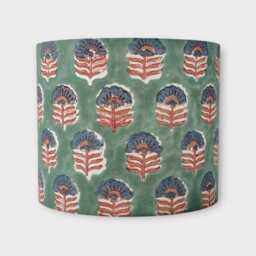 Handmade Lampshade With Indian Block Print Fabric - Floral Pattern On Sage Green Boho Home Decor Soft Lighting Accent
