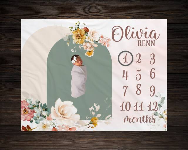 Floral Arch Milestone Blanket For Baby Girl, Growth Track Blanket, Monthly Photo Prop, Boho Theme Shower Gift, Newborn Photography - image 1