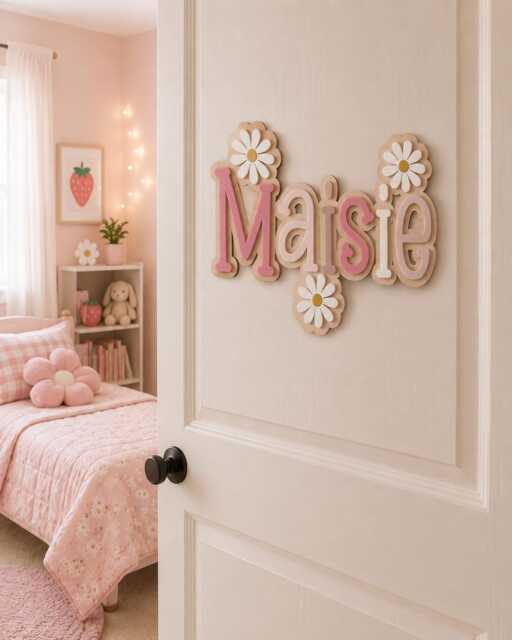 Personalised Flower Daisy Name Sign - Acrylic & Oak Wood Nursery Decor - image 1