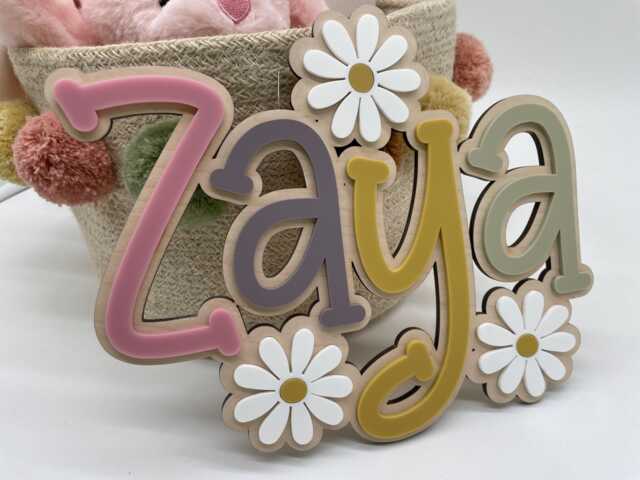 Personalised Flower Daisy Name Sign - Acrylic & Oak Wood Nursery Decor - image 1
