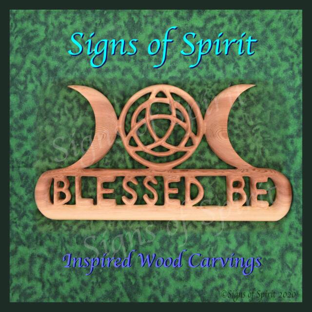 Triple Moon With Triquetra Blessed Be Wood Carving Wiccan Greeting Wall Hanging Celtic Goddess Pagan Witch Altar Housewarming Art Decor - image 1