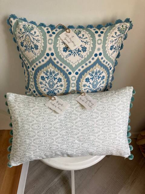 Designer Cushion Cover Professionally Made Camilla Pretty Blue Fan Edge Trim 45cmsq - image 1