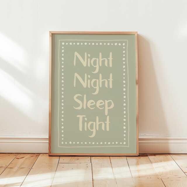 Night Sleep Tight, Cosy Bedroom Print, Kids Nursery Decor, Childrens Room Poster, Pastel Green Wall Art/Unframed - image 1