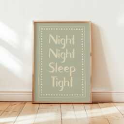 Night Sleep Tight, Cosy Bedroom Print, Kids Nursery Decor, Childrens Room Poster, Pastel Green Wall Art/Unframed - thumbnail 1