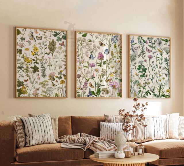 Colourful Wildflower Set Of 3 Posters, Boho Floral Botanical Wall Art, Modern Pressed Flowers Tropical Nature Decor - image 1