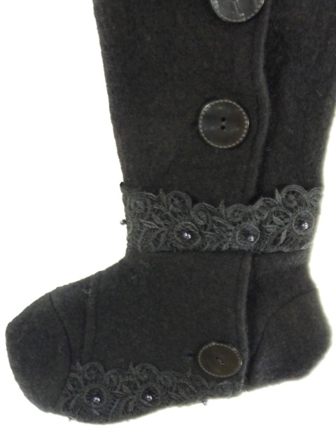 Christmas Stocking Felt Boiled Wool Black Goth Lace Beads Buttons Lisa International Recycled Repurposed Upcycled 826 - image 1