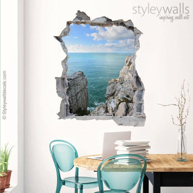 Rocks Wall Decal, Sea View Hole in The 3D Effect Sticker, Broken Mural Home Decor