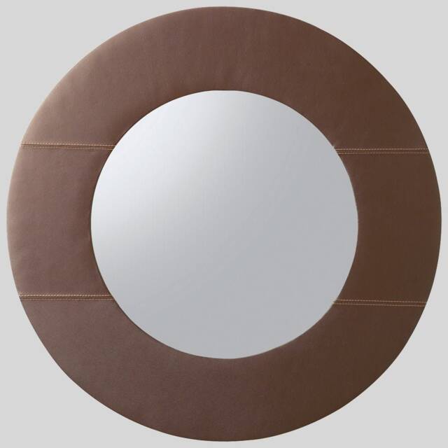 Large Round Leather Mirror - Circular Wall Mirror, Leather-Framed Wall-Mounted, Genuine Italian