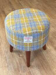 Mustard Tartan Harris Tweed Footstool Ottoman With Dark Varnished Wooden Legs - thumbnail 1