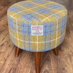 Mustard Tartan Harris Tweed Footstool Ottoman With Dark Varnished Wooden Legs - thumbnail 2
