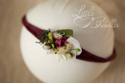 Pretty Flowered Burgundy Newborn Tieback