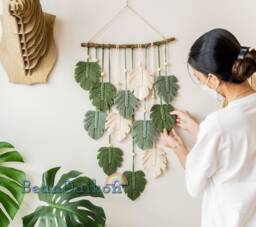 Large Green Monstera Leaves Macrame Wall Hanging, Variegated Monstera, Botanical Art, Safari Nursery Decor, Mid Century Modern L47 - thumbnail 1
