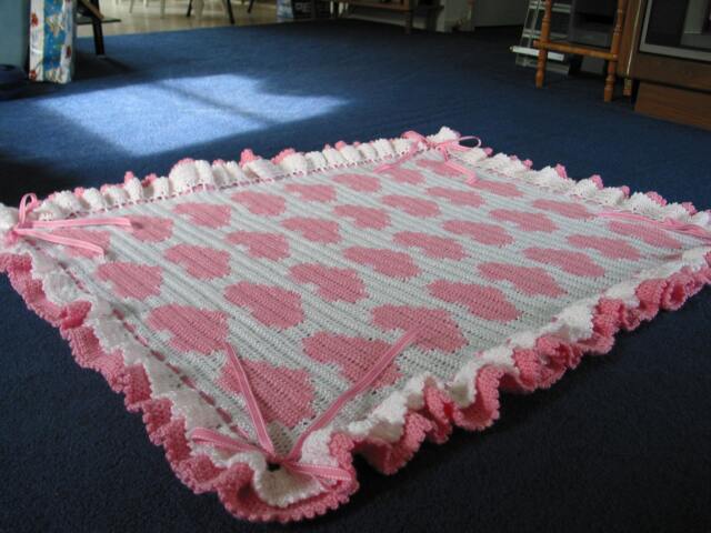 Crocheted Baby Girl Blanket Afghan Pink Hearts, White Trim - image 1