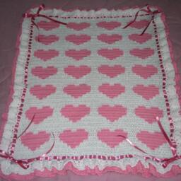 Crocheted Baby Girl Blanket Afghan Pink Hearts, White Trim - thumbnail 2