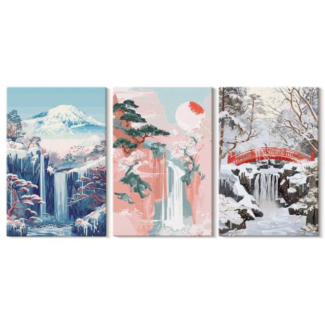 Set Of 3 Canvas Prints - Mountain Landscapes & Waterfalls in Different Seasons, Pink Wall Art Print, Hanging Piece - image 1
