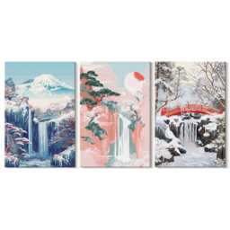 Set Of 3 Canvas Prints - Mountain Landscapes & Waterfalls in Different Seasons, Pink Wall Art Print, Hanging Piece
