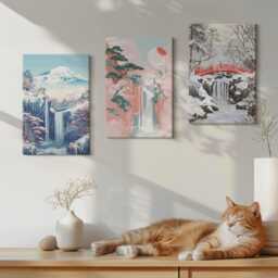 Set Of 3 Canvas Prints - Mountain Landscapes & Waterfalls in Different Seasons, Pink Wall Art Print, Hanging Piece - thumbnail 2