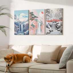 Set Of 3 Canvas Prints - Mountain Landscapes & Waterfalls in Different Seasons, Pink Wall Art Print, Hanging Piece - thumbnail 3