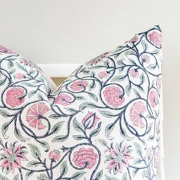 Block Print Pillow Cover Floral Batik, Boho Farmhouse Decor - thumbnail 2