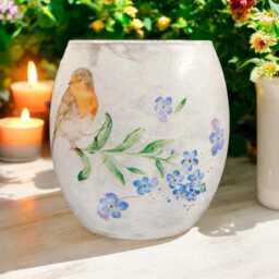 Robin & Forget Me Not, Large Glass Tealight Holder, Remembrance Home Decor, Gift Boxed - thumbnail 2