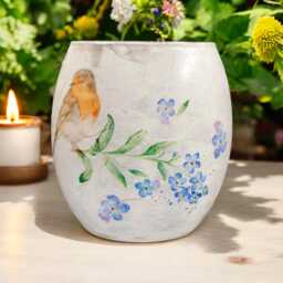Robin & Forget Me Not, Large Glass Tealight Holder, Remembrance Home Decor, Gift Boxed