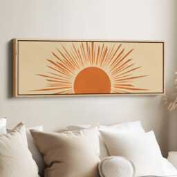 Long Boho Wall Art - Narrow Retro Sunburst Canvas in Warm Orange Tones, Modern Abstract Print For Bedroom Or Living Room - thumbnail 1