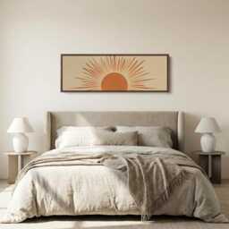 Long Boho Wall Art - Narrow Retro Sunburst Canvas in Warm Orange Tones, Modern Abstract Print For Bedroom Or Living Room - thumbnail 3