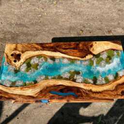 Personalized Live Edge Blue Resin River Table - Custom Wood Dining - thumbnail 3