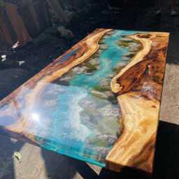 Personalized Live Edge Blue Resin River Table - Custom Wood Dining - thumbnail 2