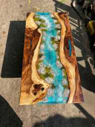 Personalized Live Edge Blue Resin River Table - Custom Wood Dining - thumbnail 1