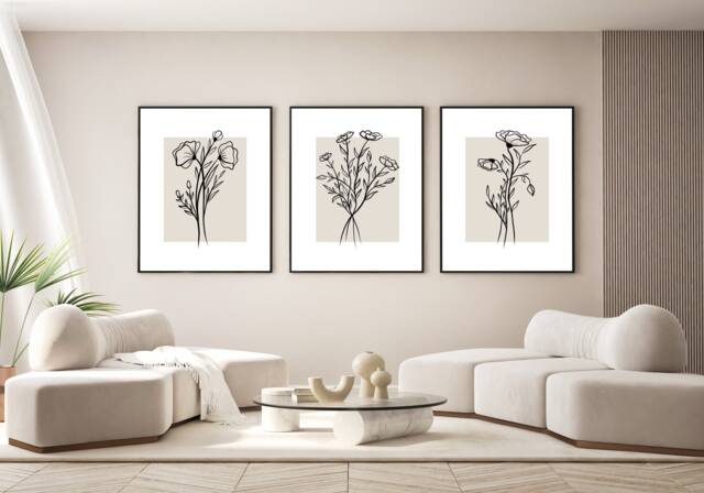 Set Of 3 Beige Line Art Floral Prints Wall Home Decor Poster Lounge, Art Set Living Room Kitchen Hallway Simple Wall Decor - image 1