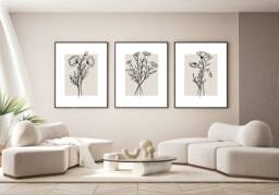 Set Of 3 Beige Line Art Floral Prints Wall Home Decor Poster Lounge, Art Set Living Room Kitchen Hallway Simple Wall Decor - thumbnail 1