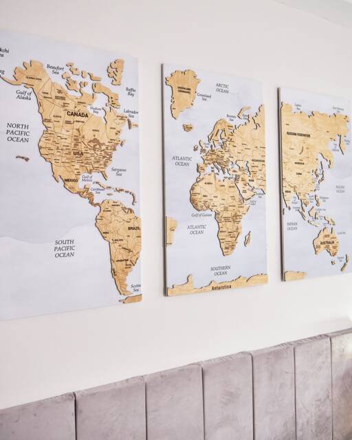 3 Panel Wall Art Above Bed Decor, World Map Travel Map, Wood 10 Year Anniversary Gift, Push Pin - image 1