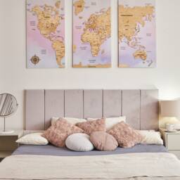 3 Panel Wall Art Above Bed Decor, World Map Travel Map, Wood 10 Year Anniversary Gift, Push Pin - thumbnail 2