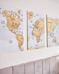 3 Panel Wall Art Above Bed Decor, World Map Travel Map, Wood 10 Year Anniversary Gift, Push Pin - thumbnail 1