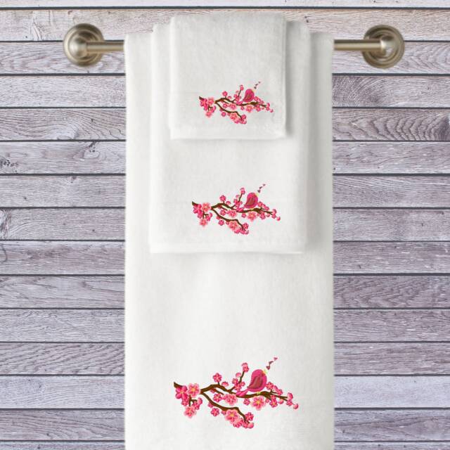 Embroidered Cotton Towels, Personalized Bird & Blossom Design - image 1