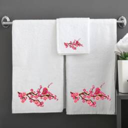Embroidered Cotton Towels, Personalized Bird & Blossom Design - thumbnail 2
