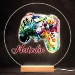 Watercolour Gamepad Gaming Colourful Round Personalised Gift Lamp Night Light - Bedroom - thumbnail 1