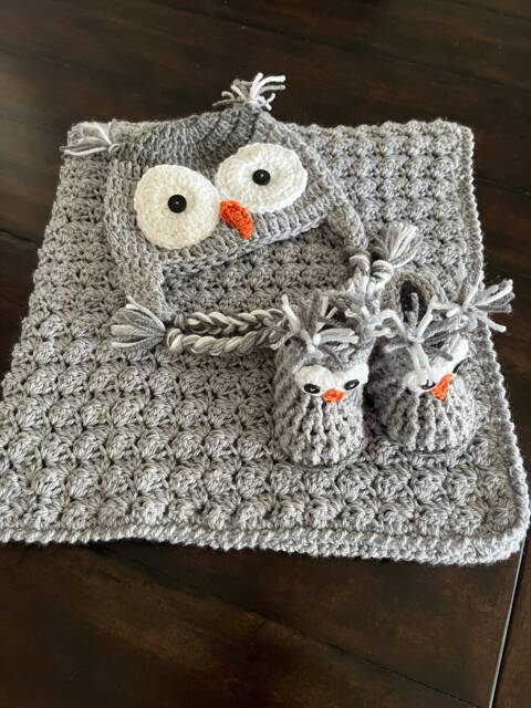 Baby Owl Blanket - Themed Room Crochet Grey Knit Gift Shower Photo - image 1