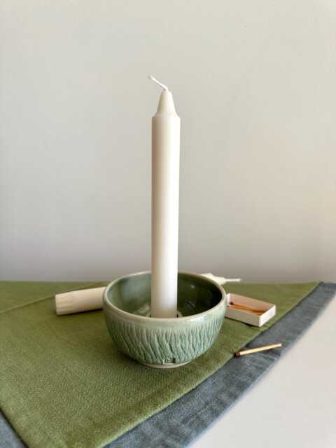 Green Stoneware Ceramic Candle Holder Handmade Modern Home Decor Gift - image 1
