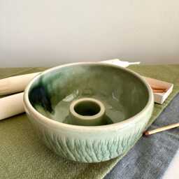 Green Stoneware Ceramic Candle Holder Handmade Modern Home Decor Gift - thumbnail 2