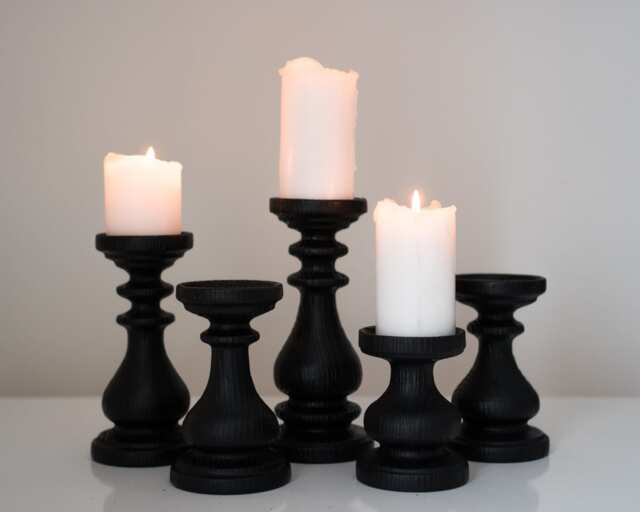 5 Black Candle Holders Set Rustic Candlesticks Three Wooden Decor Candle Centerpiece Turned Wood Pillars Black Home Design Magic Coool - image 1