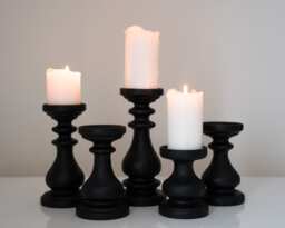 5 Black Candle Holders Set Rustic Candlesticks Three Wooden Decor Candle Centerpiece Turned Wood Pillars Black Home Design Magic Coool - thumbnail 1