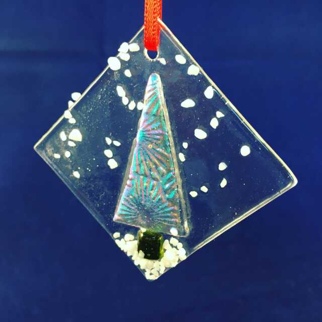 Fused Dichroic Glass Christmas Tree Ornament Set, Handmade Xmas Hangers - image 1