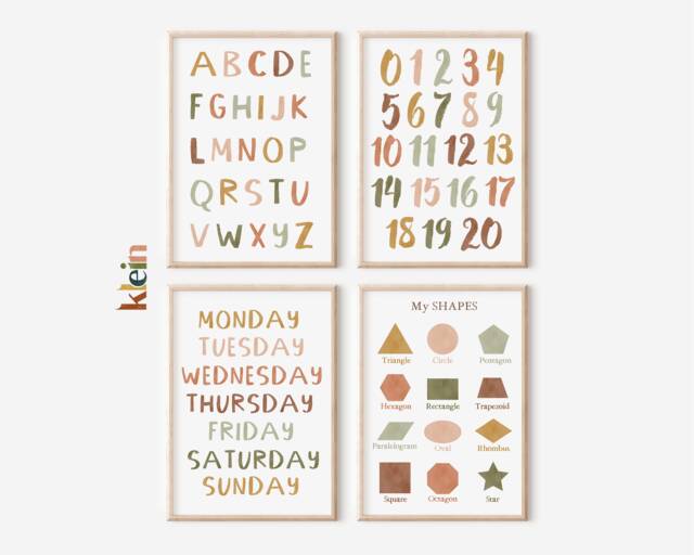 Educational Nursery Prints, Alphabet, Numbers, Shapes, Days, Set Of 4 - image 1