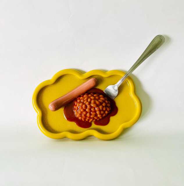 Frank & Beans W/Fork Wavy Wall Art/ Dopamine Decor/ Maximalist Fake Food/ Food Pop Sculpture/ Funky Gift Idea - image 1