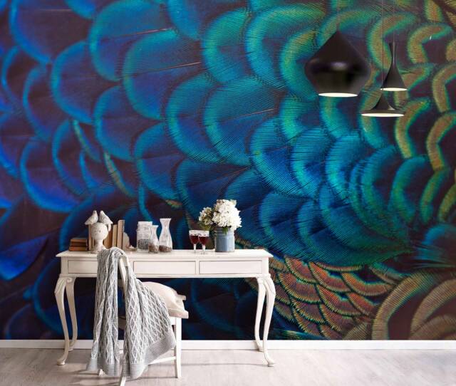 Blue Feather Texture Wallpaper, Dreamy Wall Mural - Peel & Stick - image 1